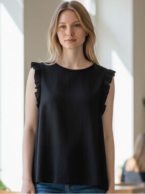 LOFT Petite XXSP Black Ruffle Sleeve Tank Top Flowy Lightweight Blouse